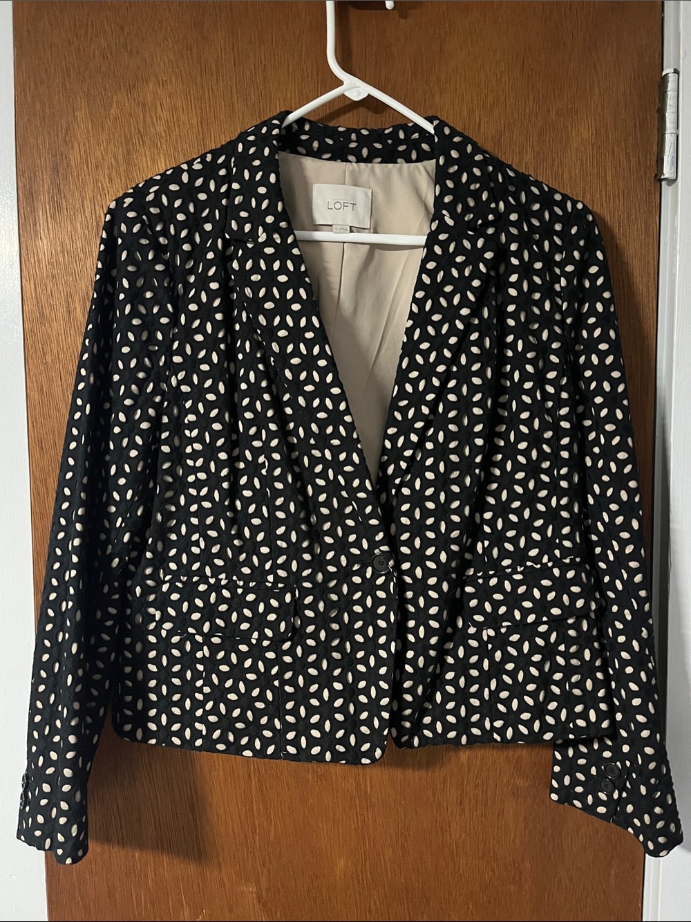 LOFT Black Blazer with Cream Geometric Dot Pattern